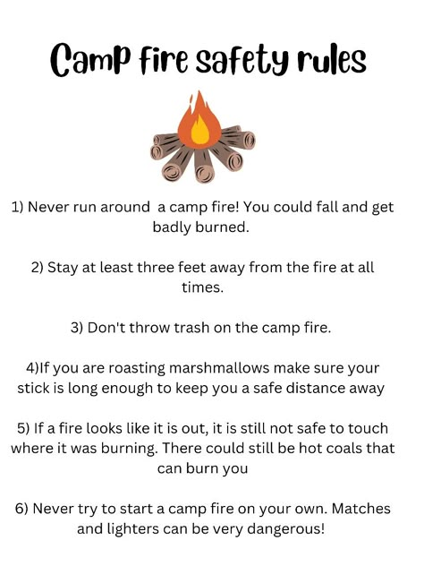 Girl Scout Camping Activities, Campfire Safety, Scout Camping Activities, Fire Safety Rules, Camping Week, Fire Safety For Kids, Safety Rules For Kids, Fire Building, Camping Theme Preschool