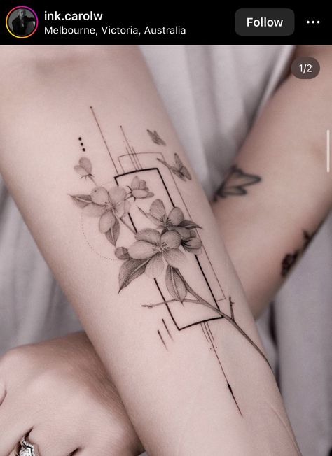 Fine Geometric Tattoo, Concept Tattoo Design Arm, Flower Square Tattoo, Geometric Tattoo With Flowers, Flowers Coming Out Of Head Tattoo, Geometric Tattoo Design For Women, Linear Flower Tattoo, Forearm Ornamental Tattoo, Fineline Geometric Tattoo