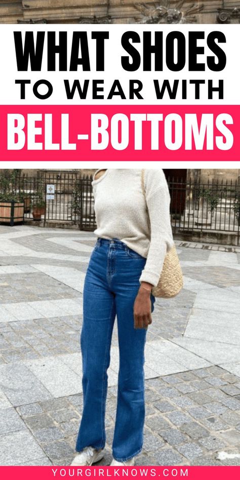 Don't know how to complete your bell-bottom outfit? Turn up the volume on your look with our top picks for shoes to wear with bell bottoms. Take one small step toward a groovy style today! Bell Bottoms And Sneakers, Flare Bottom Jeans Outfit, Shoes To Wear With Bell Bottom Jeans, Casual Bell Bottoms Outfit, Bell Bottoms Outfit Winter, What To Wear With Bell Bottom Jeans, Bell Bottom Jeans Outfit Casual, Flared Jeans Shoes, How To Wear Bell Bottom Jeans