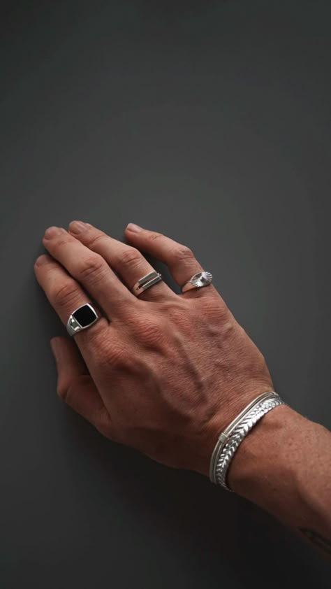 Mens Jewelry Aesthetic Silver, Man Jewelry Aesthetic, Rings For Men Aesthetic, Men Rings Aesthetic, Mens Jewelry Aesthetic, Men Jewelry Aesthetic, Silver Rings Men, Silver Signet Rings, Silver Bracelets For Men