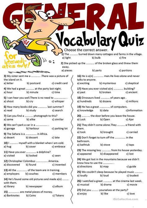 General Vocabulary Quiz - English ESL Worksheets for distance learning and physical classrooms English Quiz, Vocabulary Exercises, Vocabulary Quiz, Grammar Quiz, English Teaching Materials, Grammar Practice, English Teaching, Vocabulary Practice, English Language Teaching