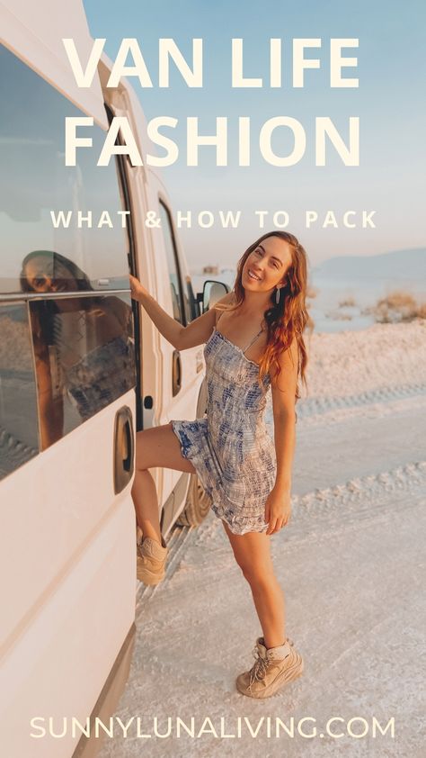 Tap to read my blog on all the clothes I pack for life on the road! Van Life Fashion, Van Life Clothes Storage, Clothes To Pack For Camping, Van Life Capsule Wardrobe, Van Life Outfits For Women, Van Life Clothes, Van Life Wardrobe, Campervan Outfit, Vanlife Wardrobe