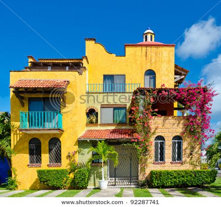 Colorful caribbean tropical style house. Playa Del Carmen, Mexico ... Mexican Style Homes Exterior, Mexico House Exterior, Mexico House Mexican Style, Colorful Mexican House, Mexican Architecture Traditional, Mexican House Exterior, Traditional Mexican House, Mexican Backyard, Yellow House Exterior