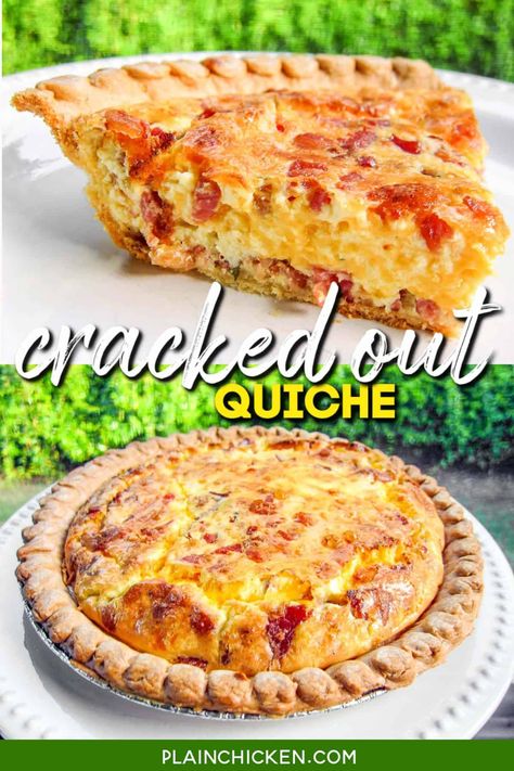 Cracked Out Quiche Recipe - homemade quiche filled with cheddar, bacon and ranch. SOOO good! Pie crust, bacon, cheddar, eggs, heavy cream, and ranch dressing. Can make ahead of time and freeze unbaked for later. Great for breakfast, brunch, lunch, and dinner. Quiche Pie Crust, Chicken Quiche, Quiche Pie, Sausage Quiche, Cracked Out, Breakfast Quiche Recipes, Quiche Recipes Easy, Savory Tarts, Plain Chicken