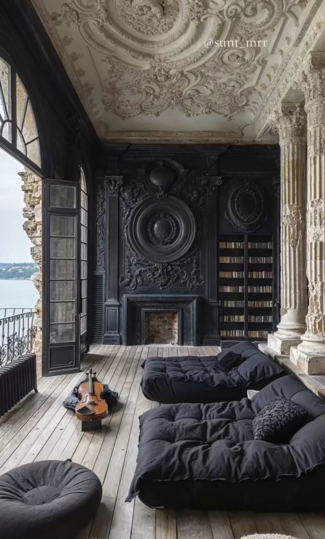 Dark Living Room Ideas, Gothic Interior Design, Gothic Interior, Wainscoting Panels, Dark Home Decor, Dark Home, Dark Interiors, Working Space, Gothic House