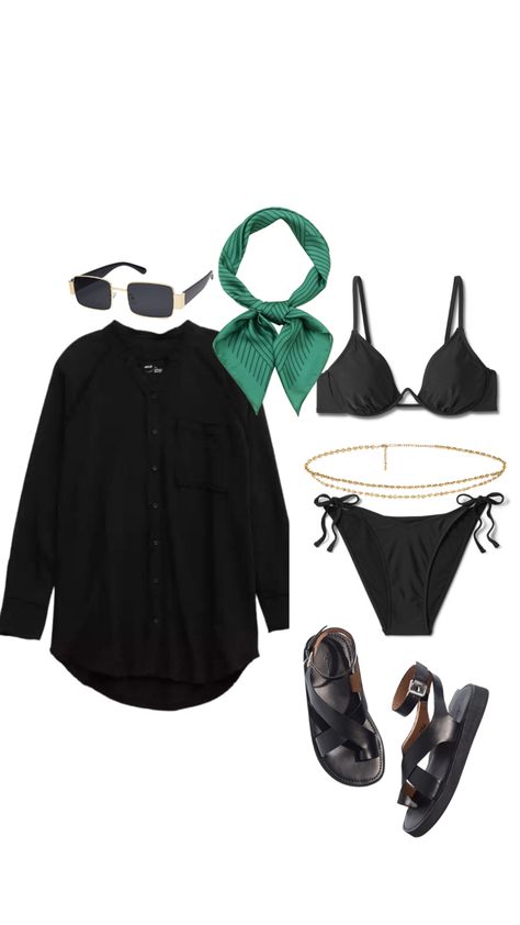 Beach day outfit. Boat day outfits. Black bikini outfit. Beach. Bikini. Waist chain bikini. Black bikini. Black oversized shirt. Black sandles. Black button up. Sunglasses. Amazon sunglasses Black Swimsuit Outfit, Beach Attire For Women, Boat Day Outfit, Boat Party Outfit, Black Oversized Shirt, Amazon Sunglasses, Beach Day Outfit, Bathing Suit Outfits, Just Vibe