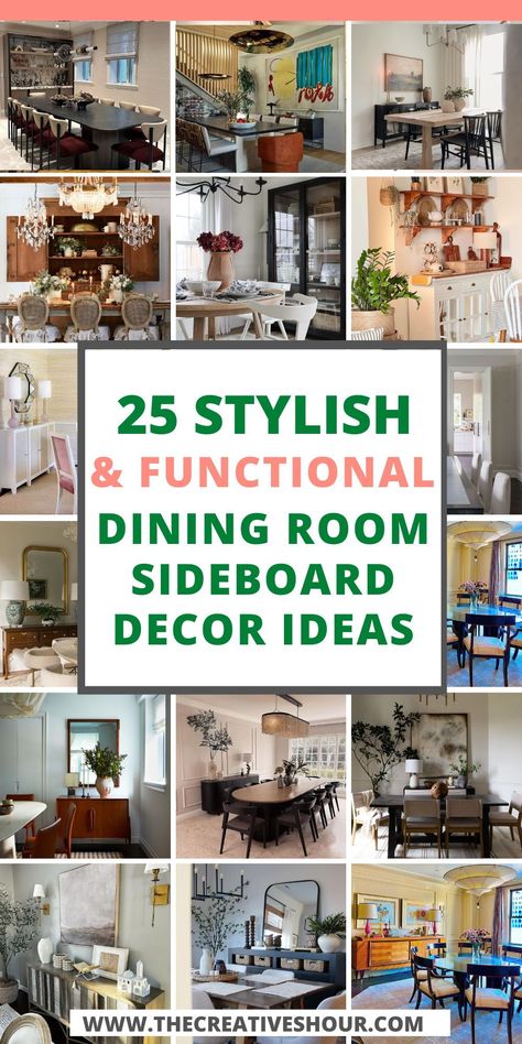 Discover how to elevate your dining space with these elegant dining room sideboard decor ideas. Whether you're drawn to farmhouse charm or traditional elegance, this guide offers inspiration and tips for styling your sideboard. Learn how to blend practical storage with aesthetic appeal, incorporating vases, family heirlooms, and unique finds to create a focal point that's both beautiful and functional. Perfect for any home looking to add a touch of sophistication. Decorate A Sideboard, Dining Room Sideboard Decor, Dining Room Sideboard Styling, Dining Room Buffet Styling, Side Board Decor, Sideboard Decor Ideas, How To Decorate A Sideboard, Sideboard Decor Dining Room, Functional Dining Room