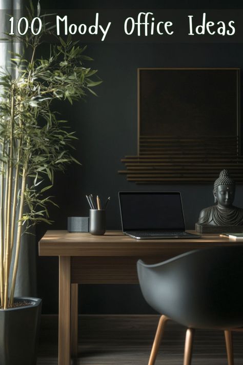 A dark minimalist Zen room featuring a sleek wooden desk, bamboo accents, and calming decor, offering moody office ideas for a dark modern office or small moody office that creates a serene and sophisticated dark home office environment. Moody Office Design, Moody Office Ideas, Small Moody Office, Dark Home Office, Grand Office, Home Office Dark, Moody Office, Office Dark, Dark Minimalist