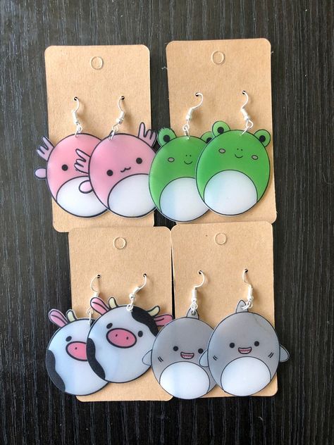 Shrink A Dink Ideas, Shrinks Dink Earrings, Squishmallow Diy, Shrink Dink Earrings, Shrinks Dink Ideas, Cute Shrinky Dink Ideas, Squishmallow Earrings, Earrings Hello Kitty, Make An Earring