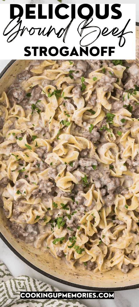 This Ground Beef Stroganoff is budge-friendly, family-friendly and is the definition of comfort food. Ready in just 30 minutes. Lazy Beef Stroganoff, Ground Meat Stroganoff, Diy Beef Stroganoff, Ground Beef Uses, Slow Cooker Beef Stroganoff Ground Beef, Things To Make With Burger, Ground Beef Recipes Stroganoff, Beef Stroganoff Recipe Ground Beef, One Pot Stroganoff