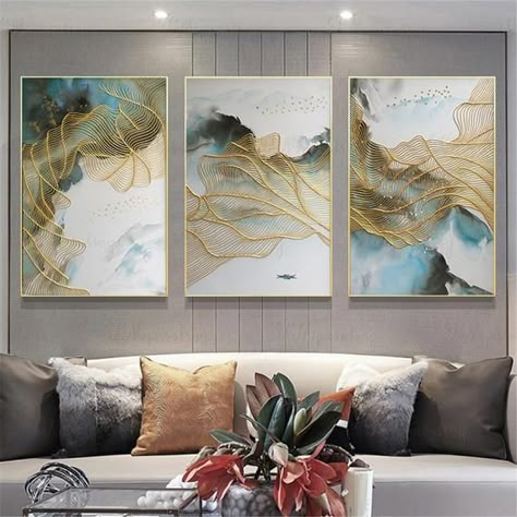 3 pieces gold line abstract painting on canvas wall art | Etsy Lines Abstract, Flow Painting, Soyut Sanat Tabloları, Tableau Art, Leaf Wall Art, Abstract Canvas Painting, Wall Art Pictures, Design Case, Framed Canvas Wall Art