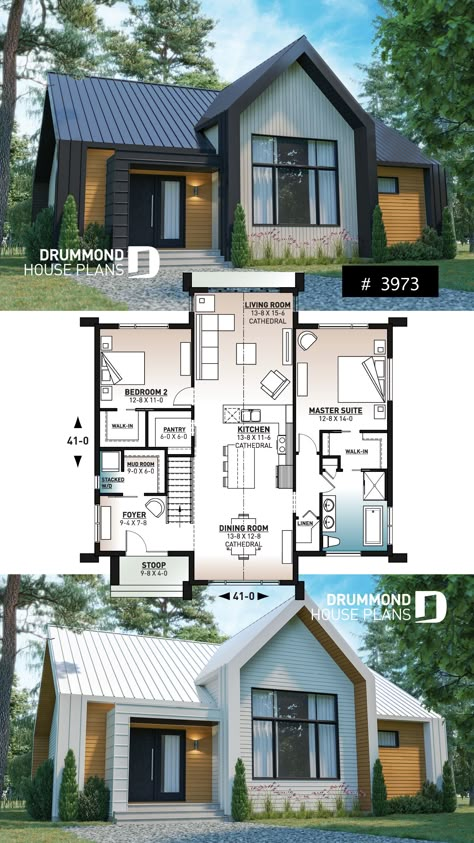 Scandinavian Cottage, Drummond House Plans, Small Cottage House Plans, Small Cottage Homes, Casas The Sims 4, Sims Houses, Sims Builds, Lake House Plans, Sims House Plans