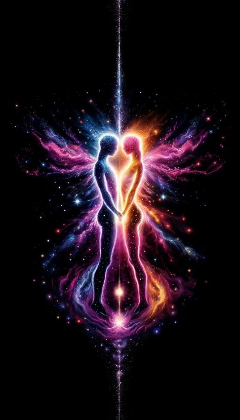 A spiritual art illustration depicting a couple immersed in a cosmic art galaxy. Their bodies intertwined, radiating the pure essence of love and romance in vibrant hues of the cosmos. The couple galaxy painting is a divine epitome of eternal love. Spiritual Couple Art, Spiritual Couples, Spiritual Love Art, Spiritual Couple, Bodies Intertwined, Spiritual Art Painting, In Love Art, Divine Union, Twin Flame Art