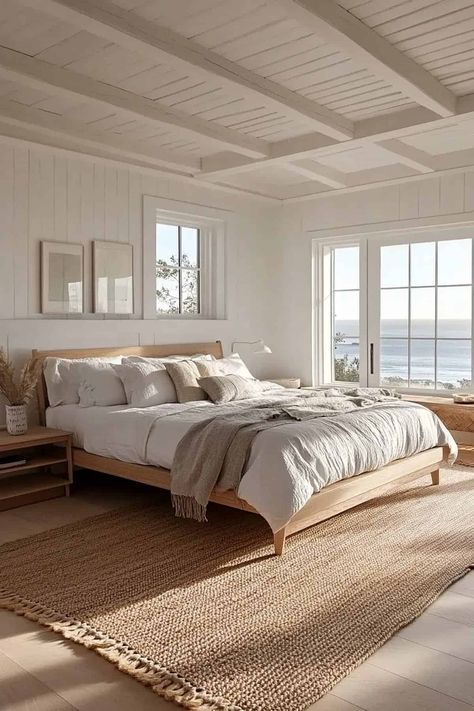 44 Modern Coastal Bedroom Ideas (Refined and Relaxed) Master Bedrooms Coastal Style, Beach Apartment Bedroom, Beachy Master Bedrooms Decor, Coastal Beach House Bedroom, Luxury Coastal Bedroom, Minimal Coastal Bedroom, Beach House Master Bed, Costal Bedroom Design, Lake Cottage Bedroom Ideas