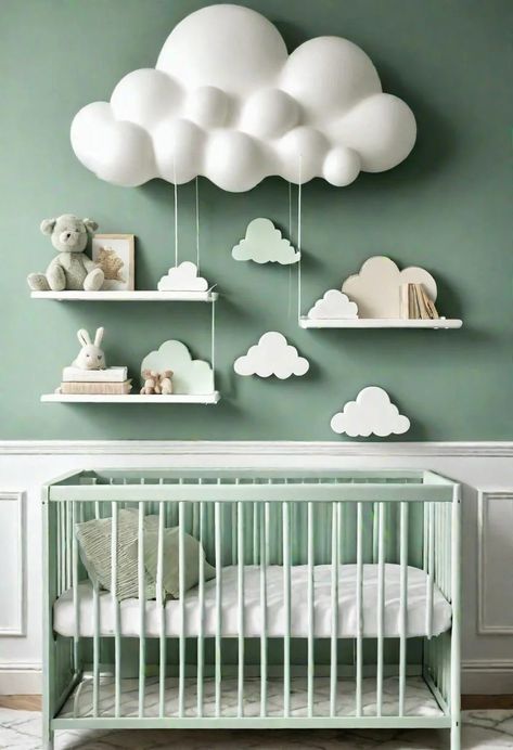 Cloud Nursery Theme Gender Neutral, Sage Green Nursery Ideas, Cloud Themed Nursery, Cloud Nursery Theme, Green Nursery Ideas, Gray Nursery Girl, Sage Green Nursery, Cloud Bed, Green Baby Room