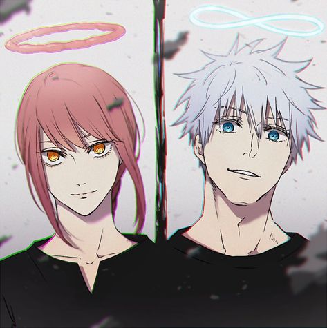 °𝓒𝓱𝓪𝓲𝓷𝓼𝓪𝔀 𝓜𝓪𝓷𝕩𝓙𝓾𝓳𝓾𝓽𝓼𝓾 𝓚𝓪𝓲𝓼𝓮𝓷. Duo Anime Characters, Csm Trio Matching, Anime Duo Icon, Trio Relatable, Chainsaw Man X Jujutsu Kaisen, Makima And Gojo, Gojo And Makima, Makima X Gojo, Gojo X Makima