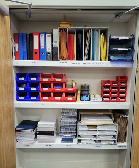 I Organised My Work Stationery Cupboard. I Wish I'd Taken A Before Picture. It Was 2 Years' Worth Of People Just Throwing Stuff In! Stationary Cupboard, Teacher Workroom, Organization Pictures, Office Supplies Closet, Cupboard Organisation, Desk Organization Tips, Diy Cupboards, Cupboard Ideas, Stationary Storage