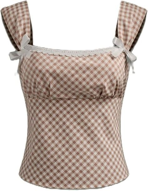 Yiulangde Womens Square Neck Gingham Camisole Summer Spaghetti Strap Backless Cami Shirt Y2k Peplum Babydoll Crop Tank Tops at Amazon Women’s Clothing store Peplum Tops For Women, Vest Aesthetic, Gingham Tank Top, Tops For Women Summer, Women Summer Tops, Plaid Clothing, Women Crop Tops, Halter Shirt, Top Spaghetti Strap