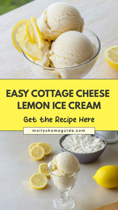 Indulge in the delightful combination of cottage cheese and lemon with this refreshing homemade ice cream recipe. The tangy citrus flavor perfectly complements the creamy richness of the cottage cheese, creating a satisfying treat for those hot summer days. Whether you're a fan of citrus desserts or looking for a new twist on traditional ice cream flavors, this unique recipe is sure to become a favorite in your household.  Ingredients 1 cup cottage cheese 1 teaspoon lemon zest 1 1/2 tablespoons Effortless Lemon Ice Cream, Cottage Cheese Peach Ice Cream, Lemon Cottage Cheese Ice Cream, Low Carb Cottage Cheese Ice Cream, Ninja Creami Lemon Ice Cream Recipes, Lemon Cottage Cheese Dessert, Healthy Cottage Cheese Recipes, Cottage Cheese Ice Cream Recipe, Lemon Ice Cream Recipe