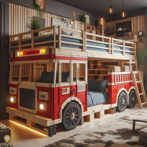 Fire Truck Inspired Pallet Bunk Bed 🚒🛏️ Fireman Room, Cool Toddler Beds, Pallet Bunk Beds, Fire Truck Bedroom, Fire Truck Room, Firetruck Bed, Truck Bedroom, Kids Car Bed, Truck Room