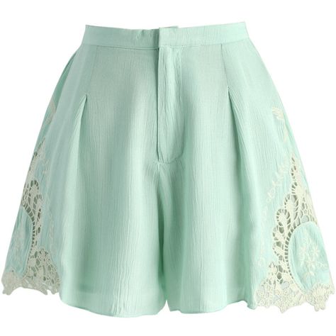 Chicwish Tender Touch Lace Cutout Shorts in Mint ($42) ❤ liked on Polyvore featuring shorts, skirts, bottoms, short, green, green shorts, lacy shorts, lace shorts, lace short shorts and summer shorts Mint Pants, Skirts Green, Mint Shorts, Mint Green Shorts, Crochet Lace Shorts, Kpop Shorts, Cutout Shorts, Delicate Crochet, Pants Short