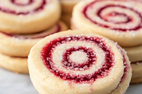 Raspberry Swirl Shortbread Cookies Christmas Cookies Spritz, Raspberry Pinwheel Cookies, Raspberry Swirl Cookies, Raspberry Swirl Shortbread Cookies, Bakery Items That Sell, Tea Party Scones, Raspberry Shortbread Cookies, Cakey Cookies, Cookies Raspberry