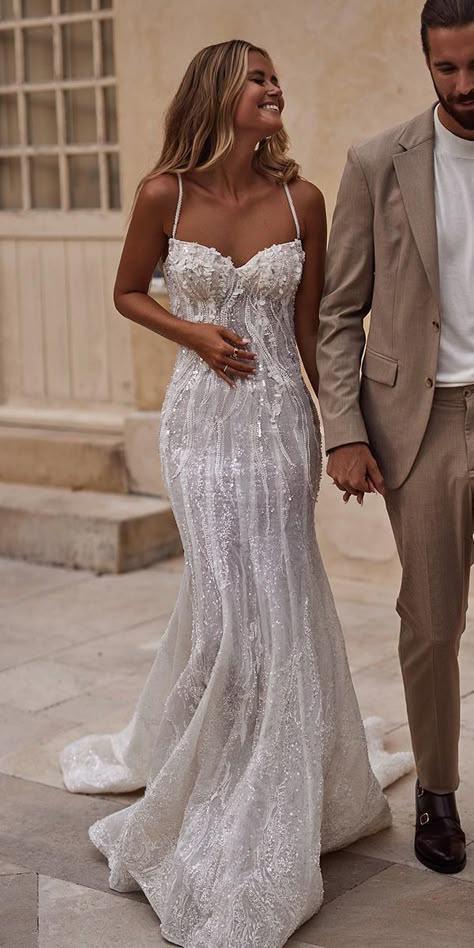 Mermaid Wedding Dresses: 21 Styles For A Sexy Look Lace Wedding Dress With Sparkle, Fitted Lace Sparkle Wedding Dress, Wedding Dresses Sparkle And Lace, Wedding Dresses Lace And Pearls, Ivory Wedding Dress No Train, Non Basic Wedding Dresses, Lacy Fitted Wedding Dress, Straight Mermaid Wedding Dress, Marmeid Wedding Dresses