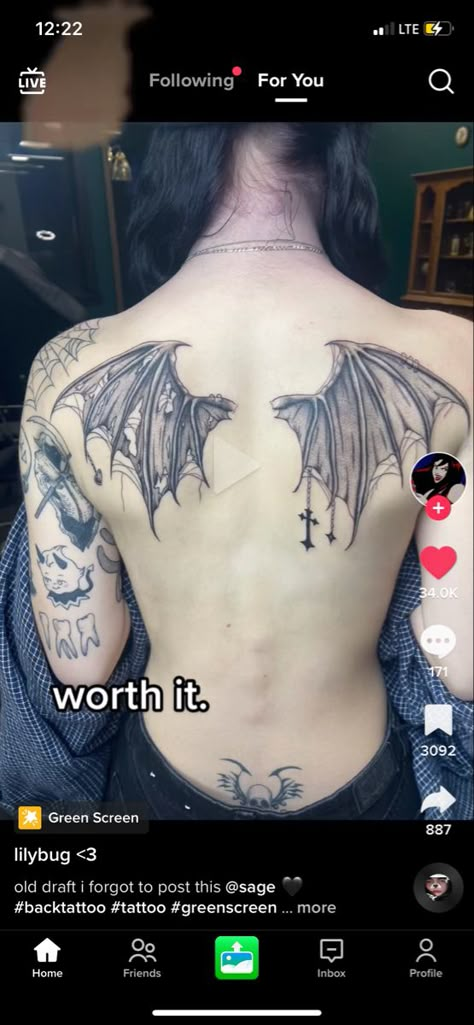 Wing Tattoos On Back, Vampire Tattoo, Funky Tattoos, Gothic Tattoo, Back Tattoo Women, Nail Tattoo, Makeup Tattoos, Wings Tattoo, Piercings And Tattoos