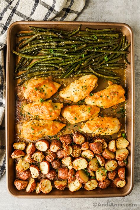 A healthy sheet pan meal with chicken, beans and potatoes that's easy to prepare. Chicken Potato Green Bean Sheet Pan, Chicken Veggie Meal Prep, Chicken Green Bean And Potatoes, Chicken Green Beans Potatoes Bake, Sheet Pan Chicken With Potatoes, Honey Dijon Chicken And Potatoes, Healthy One Pan Chicken Recipes, Chicken Potato Brussel Sprouts Sheet Pan, Chicken Green Beans Sheet Pan Dinner