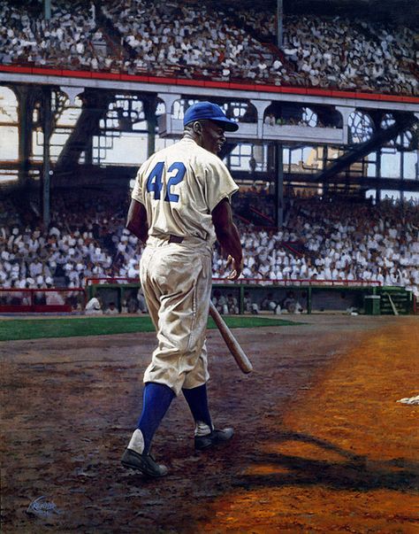 Jackie Robinson pictured in 1949 by artist Graig Kreindler, my son's favorite artist. Jack says "behind him the world is dark and shadowy, but it gets brighter with each step he takes"-Jack Caldwell   11yrs old Dodger Baseball, Brooklyn Dodgers, Dodgers Fan, Dodger Blue, Baseball Art, Baseball Stuff, Baseball Stadium, Jackie Robinson, Dodgers Baseball