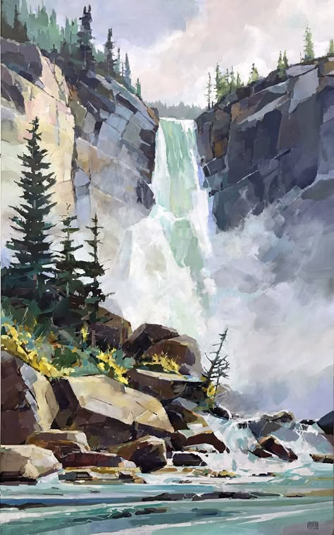 Randy Hayashi, Watercolor Scenery, Waterfall Paintings, Waterfall Art, Hidden Beach, Watercolor Landscape Paintings, Environment Concept Art, Nature Paintings, Environmental Art