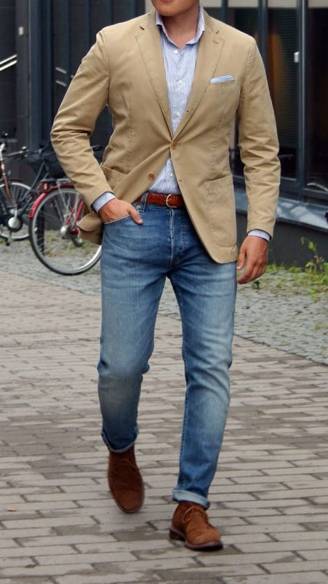 Spring Wedding Guest Outfit Men, Sports Jacket Outfit Men, Casual Blazer Outfits Men, Sports Jacket With Jeans, Tan Blazer Outfits, Sports Coat And Jeans, Sports Jacket Outfit, Ootd Men Casual, Sport Coat Outfit