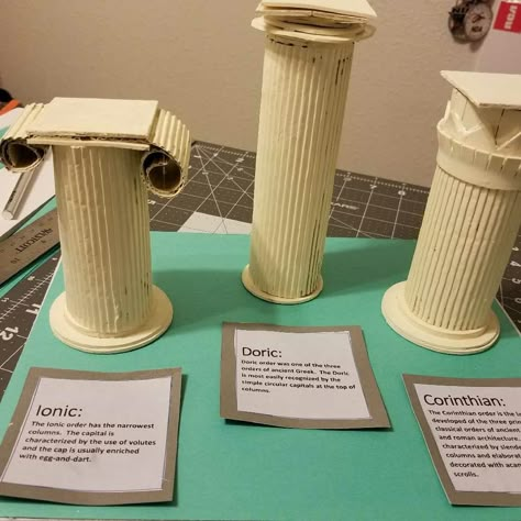 6th grade greek columns project Ancient Greek School Project, Diy Greek Columns, Ancient Art Projects, Greece Classroom Decorations, School Museum Ideas, Greek Civilization Project, Greek Art Projects, Ancient Crafts, Ancient Greek Crafts