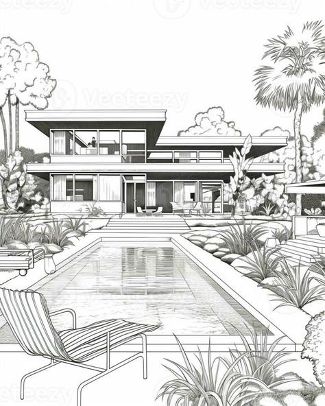 a drawing of a house with a pool and lounge chairs. generative ai. House With Pool Drawing, Sketch Ideas Landscape, House Design Drawing Sketch, Dream House Drawing Sketch, Simple House Sketch, Pool Sketch, House Drawing Sketches, Rich People Houses, Villa Illustration