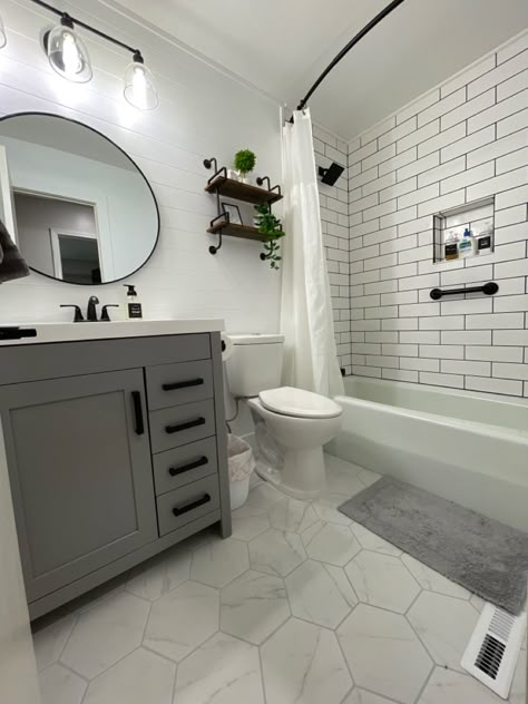 Farmhouse, subway, bathroom, white, gray, hexagon tile Small Bathroom Reno, Small Bathroom Renos, Small Bathroom With Tub, Bathroom Remodel Plans, Small White Bathrooms, White Subway Tile Bathroom, Farmhouse Gray, Guest Bathroom Renovation, Simple Bathroom Remodel