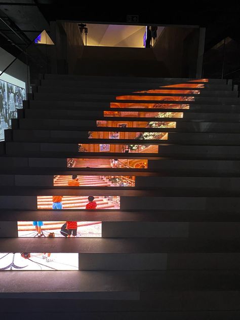 Stair Installation Art, Electric Interior Design Style, Stairs Art Installation, Interactive Design Installation, Stairwell Design, Subway Stairs, Staircase Installation, Double Height Ceiling, Trafford Centre