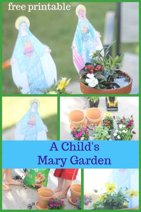 Create a beautiful and simple Marian garden with your little ones.  Included is a free printable Mary statue to color and stand in the garden. Month Of Mary, Marian Garden, Catholic Kids Crafts, Mary Garden, Preschool Garden, Fit Moms, Catholic Homeschool, Children's Church Crafts, Catholic Crafts