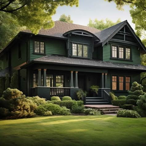 4+ Cool Green Exterior Paint Palettes for Modern Homes • 333+ Images • [ArtFacade] Painting House Exterior Ideas, Dark Siding Light Roof, San Francisco Exterior House Colors, Green Exterior House Paint Ideas, Hunter Green House Exterior Black Trim, Green Tudor Exterior, House Paint Exterior Colour Schemes Green, Dark Green Victorian House Exterior, Dark Green Stucco House Exterior