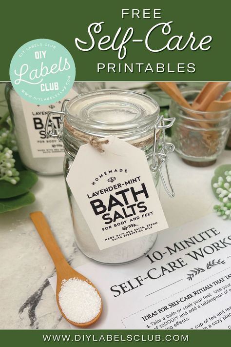 Free Self-Care Printables for your homemade bath salts that include labels and a self-care idea list for self care practices that take less than 10 minutes.  Lavender Mint Bath Salts recipes are also included. Bath Salts Labels, Bath And Body Business, Diy Body Spray, Homemade Bath Salts, Salt Scrub Recipe, Bath Balms, Shower Melts, Printable Label Templates, Self Care Practices