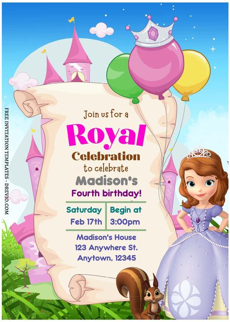 Princess Sofia Birthday Invitations, 1st Birthday Invitation Template Free Editable, Sofia The First Invitation Template, Sofia Birthday Invitation, Sofia The First Invitation, Princess Sofia Invitations, Princess Sofia Birthday, Princess Birthday Party Invitations, Princess Sofia The First