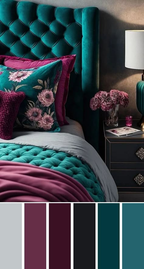 Dark Teal And Purple Bedroom, Teal Pink Purple Bedroom, Teal And Magenta Bedroom, Teal And Plum Bedroom, Teal Colour Palette Bedroom, Peacock Bedroom Colors, Jeweltone Bedrooms, Teal And Purple Bedroom Ideas, Blue And Plum Bedroom