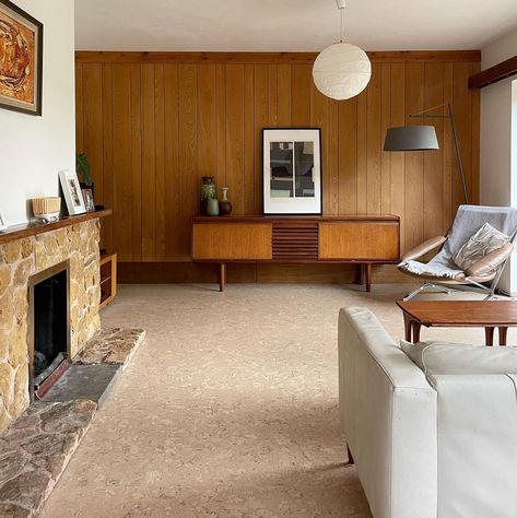 Had to document our lounge looking this tidy, love our new cork flooring. #midcenturymodern #corkflooring #midcenturyhome #woodpanelling… | Instagram Cork Flooring Living Room, 60s Interior Design 1960s Living Rooms, 1960s Interior Design Mid Century, 60s Flooring, 1960s Flooring, 60s Interior Design, 1960s Interior Design, 1960s Living Room, 1960s Interior