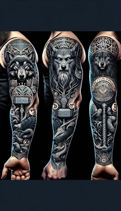 Odin And Thor Tattoo, Left Sleeve Tattoo, Yggdrasil Tattoo Sleeve, Viking Gods Tattoo, Nordic Arm Tattoo, Thor Tattoo Design, Nordic Gods Tattoo, Nordic Sleeve Tattoo, Nordic Mythology Tattoo