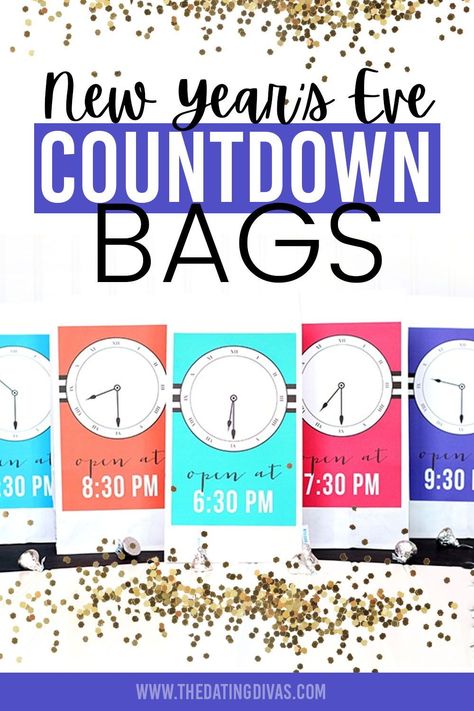 Countdown to midnight on New Year's Eve with fun countdown bags for each hour New Years Eve Countdown Bags For Kids, Countdown Bags New Years Eve, New Year’s Eve Hourly Countdown, New Year’s Eve Countdown Bags, Nye Countdown Ideas, Nye Hourly Activities, Nye Countdown Bags For Kids, New Year’s Eve Countdown Bags For Kids, Kids Nye Countdown Ideas