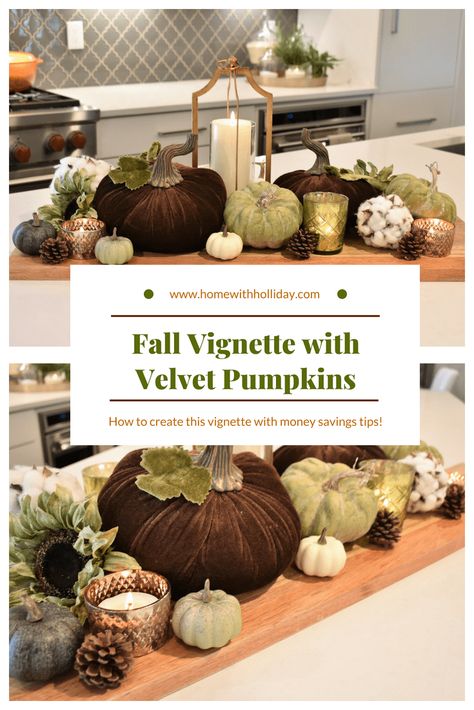 Velvet Pumpkins Display, Thanksgiving Table Ideas, Thanksgiving Decorating, Fall Vignettes, Fall Centerpieces, Pumpkin Display, Fall Decor Inspiration, Flower Centerpiece, Fall Things