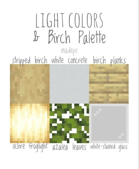 Minecraft 1.19 Pastel Colors and Birch Palette using stripped birch logs, white concrete, birch planks, ochre froglight, azalea leaves, and white stained glass <3 #cute #minecraft #colorpallete #mcyt #pastel #light #minecraftbuild #minecraftaesthetic #minecraftcottagecore #aesthetic #mc #minecraftfairy #minecraftcottage #minecraftsurvival Mincraft Idea Light, Cute Birch House Minecraft, Birch Colour Palette, Stripped Birch House Minecraft, Minecraft Block Palette Yellow, Yellow Minecraft Palette, White Block Palette Minecraft, Minecraft Yellow Color Palette, Minecraft Village Color Palette