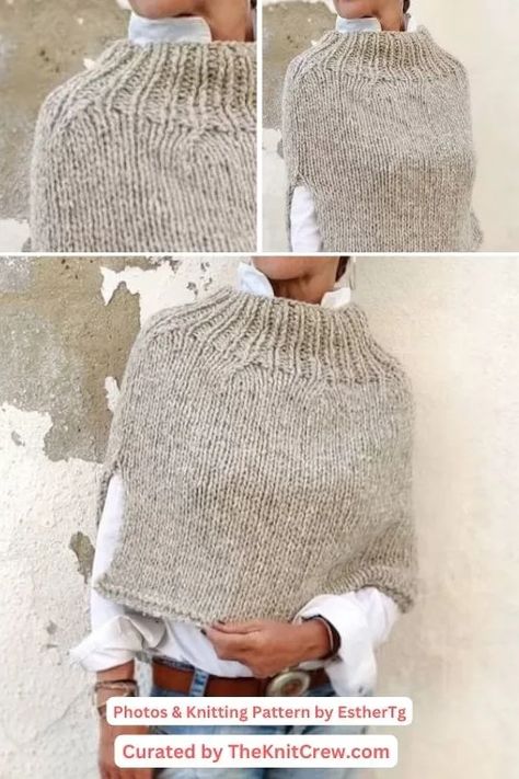 Diy Poncho, Capelet Knitting Pattern, Knitted Capelet, Hand Knit Poncho, Poncho Knitting, Summer Knitting Patterns, Poncho Pullover, Women Knitting, Turtleneck Poncho