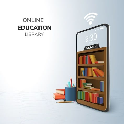 Digital library online education interne... | Premium Vector #Freepik #vector #book-online #mobile-learning #online-library #book Marketing Mood Board, Education Application, Library Icon, Education Poster Design, Book Advertising, Library Posters, Negative Space Logos, Picture Editing Apps, Home Studio Setup