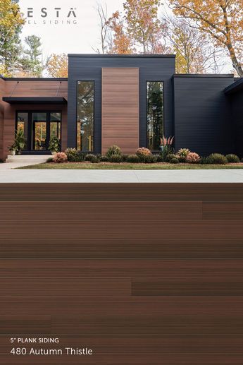 Enhance your home's exterior with the natural wood-look of Vesta Autumn Thistle. This maintenance free steel siding provides protection against all the elements, while enhancing your home's facade. Whether you're remodeling or building new, Vesta Autumn Thistle is the perfect long term solution for enhancing your home's beauty.   #Siding #HomeExterior #SidingInspiration #WoodGrain #DurableSiding #BrownSiding #CurbAppeal #ExteriorDesign #HomeRenovation #ArchitecturalSiding Light Color Siding Exterior, Modern House Pergola, Modern Exterior Siding Ideas, Modern Siding Ideas Exterior, Black And Wood House Exterior, House Siding Ideas Exterior, Modern House Siding, Modern Exterior House Colors, Pergola Details