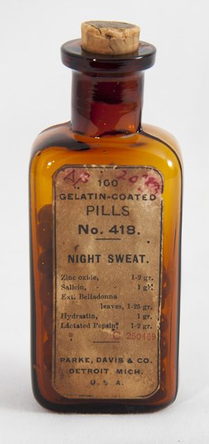 Night Sweat Pill Bottle, 1905, Davis Parke, Collection of the Museum of Health Care, 000001085 #pharmacy #history #health History Of Pharmacy, Night Sweat, Vintage Medicine Bottle, Antique Medicine Bottles, Old Medicine Bottles, Vintage Pharmacy, Old Medicine, Vintage Medicine, Apothecary Labels